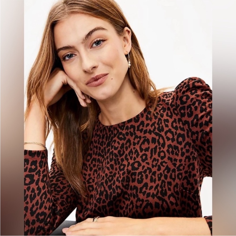 LOFT Brown Leopard Print Dress Puff sleeves Like New Large